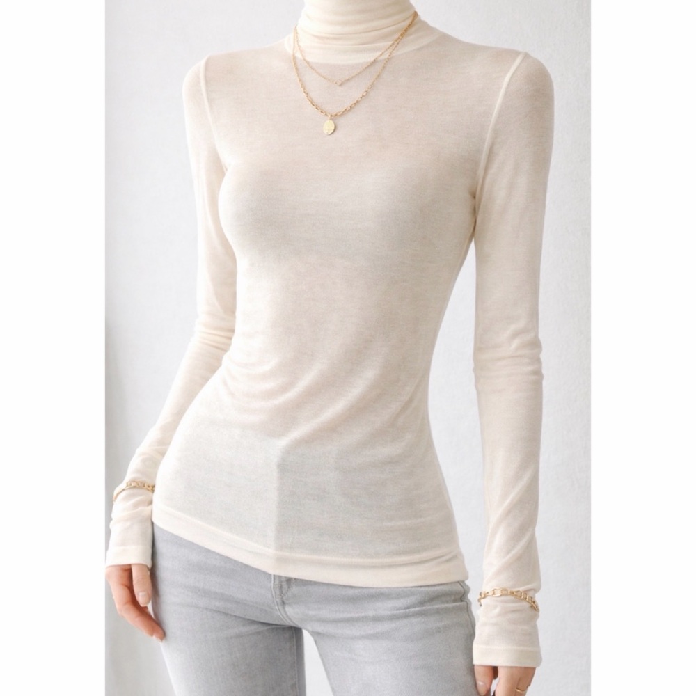 (NWT) FM2050 • Cream Lightweight Sheer Knit Long Sleeve Turtleneck Sweater, OS